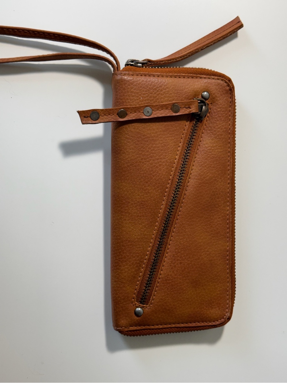 Free People Tan Distressed Vegan Leather Continental Zip Wristlet Wallet Cognac
